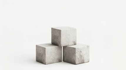 Poster - Gray concrete blocks stacked pyramidal on pristine white surface, presenting minimalist geometric arrangement with clean architectural design aesthetic