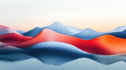 Poster - Abstract landscape featuring smooth, flowing waves of vibrant colors, blending soft hues of blue, red, and orange against a serene background.