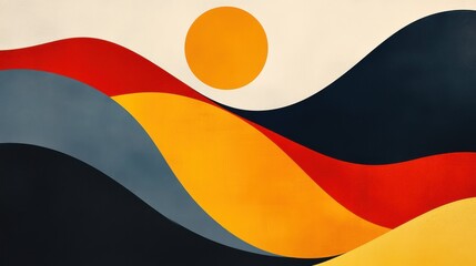 Poster - A vibrant abstract landscape featuring colorful waves and a bold sun, creating a harmonious blend of shapes and hues.
