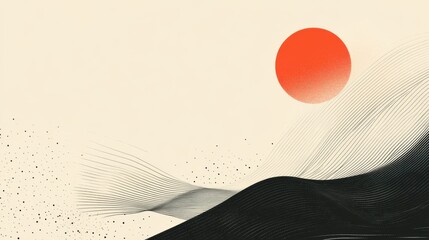Poster - A minimalist design featuring a bold red sun rising over stylized, flowing black waves against a soft cream background.