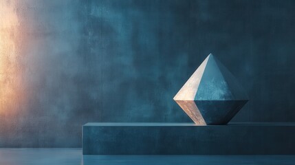 Poster - A sleek, metallic pyramid rests on a minimalist platform against a textured blue wall, illuminated by soft light, creating a serene, modern aesthetic.