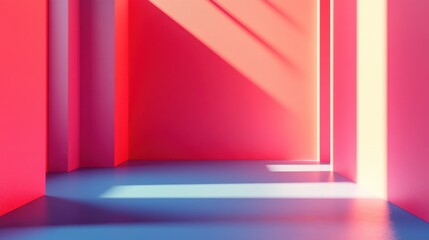 Poster - A vibrant, abstract interior space featuring pink and blue walls with dynamic light and shadow patterns creating a modern aesthetic.
