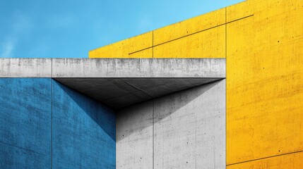 Poster - A vibrant abstract architectural composition featuring bold yellow, blue, and gray geometric shapes against a clear sky.