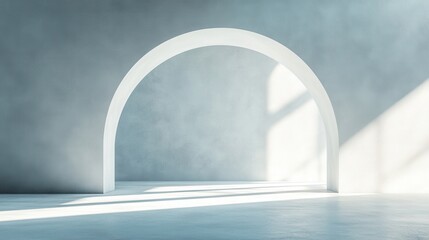 Poster - A minimalist interior featuring a large, white arch against a soft, light gray wall, with natural light casting shadows on the smooth floor.