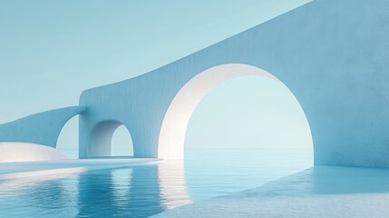 Poster - A serene and minimalist landscape featuring smooth arches and tranquil water, bathed in soft blue hues.