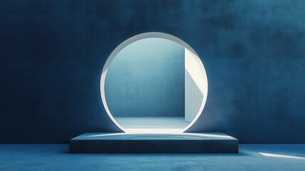Poster - A minimalist interior featuring a circular opening that leads to a softly lit, spacious area, showcasing modern design and geometric shapes.
