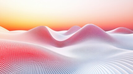 Poster - A serene landscape featuring soft, undulating hills in shades of white and pink, with a warm gradient sky at sunset.