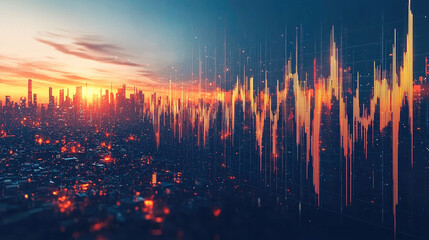 Aufkleber - City skyline at sunset with vibrant colors and sound wave graphics overlay, creating dynamic and energetic atmosphere. scene captures essence of urban life and creativity