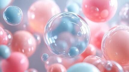 Poster - Colorful bubbles float in a soft background, showcasing a blend of pink and blue hues, creating a dreamy, ethereal atmosphere.