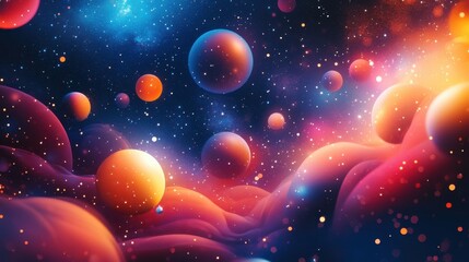 Poster - A vibrant cosmic scene featuring colorful spheres floating in a starry space, blending hues of orange, blue, and purple against a dark backdrop.