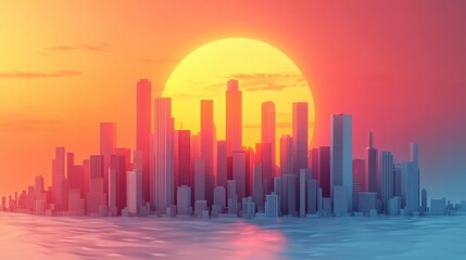 Poster - A vibrant city skyline at sunset, with high-rise buildings silhouetted against a colorful sky and reflected in calm waters.
