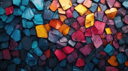 Poster - A vibrant, textured arrangement of colorful, irregularly shaped tiles creates a striking visual display with rich hues and patterns.