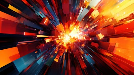Poster - A vibrant explosion of abstract shapes in red, orange, and blue hues, creating a dynamic sense of movement and energy.