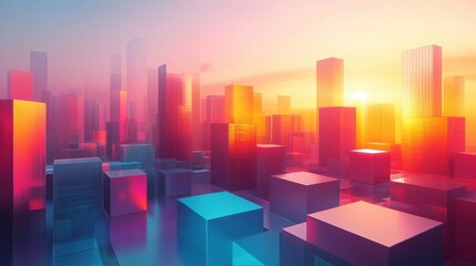 Poster - A vibrant cityscape featuring futuristic skyscrapers with colorful reflections under a sunset sky, creating a striking visual effect.
