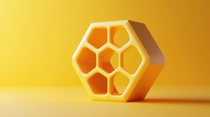 Poster - A vibrant yellow object with a hexagonal shape, featuring multiple honeycomb-like openings, set against a matching yellow background.