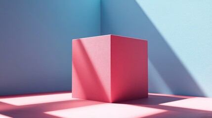 Poster - A vibrant pink cube stands in a minimalist space with blue walls, illuminated by dynamic shadows, creating a striking geometric contrast.