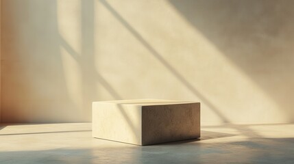 Poster - A minimalist interior scene featuring a simple, cube-shaped structure illuminated by soft light and shadows on a textured surface.