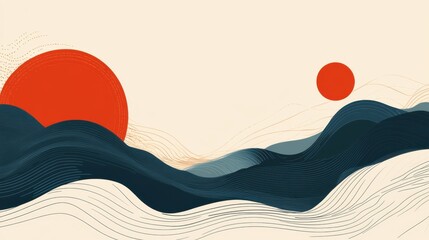 Poster - A minimalist illustration featuring stylized waves and two red suns against a soft beige background, conveying tranquility and harmony.
