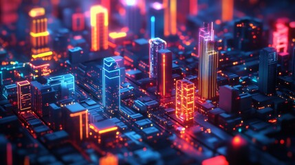 Poster - A vibrant, futuristic cityscape illuminated with neon lights, showcasing a complex layout of skyscrapers in an abstract, digital style.