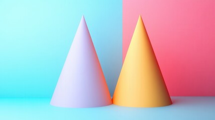 Poster - Two colorful cones, one lavender and one yellow, stand on a soft gradient background of blue and pink, creating a minimalist and modern aesthetic.