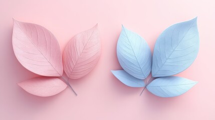 Poster - Delicate pastel leaves in pink and blue tones, artistically arranged against a soft pink background, creating a calming and aesthetic visual.