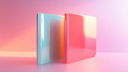 Poster - Two glossy folders in blue and pink stand against a soft gradient background, creating a vibrant and modern visual appeal.