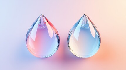 Poster - Two crystal-like water drops with a gradient color effect, reflecting light on a soft pastel background.