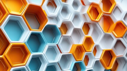 Poster - A vibrant, abstract design featuring hexagonal shapes in orange, white, and blue, creating a dynamic visual pattern.