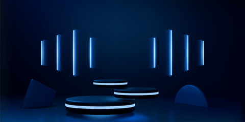 Poster - Blue podium. 3D light product platform. Neon winner tech arena or hologram digital room. Futuristic empty showroom. Presentation stage. Hovering step pedestal. Vector render background