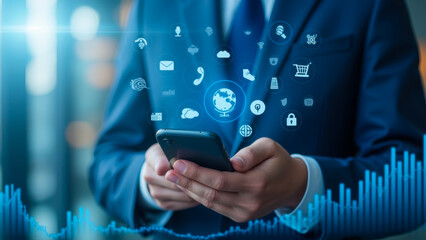 Poster - Businessman in Suit Using Smartphone with Digital Icons Representing Online Connections and Global Communication in Modern Office Setting