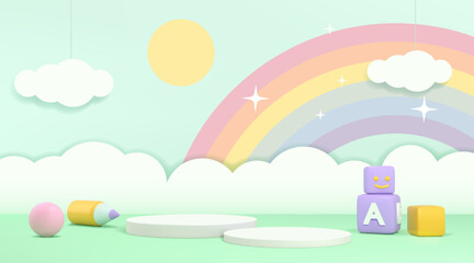 Poster - Cute background. 3D baby podium. Product platform or display in pastel scene. Children presentation render. Childish exhibition stage. Rainbow and sky clouds. Vector design nursery pedestal