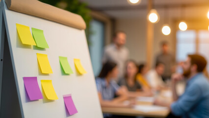 Poster - Collaborative Team Meeting with Sticky Notes on Presentation Board in Modern Office Workspace with Soft Lighting and Out of Focus Colleagues