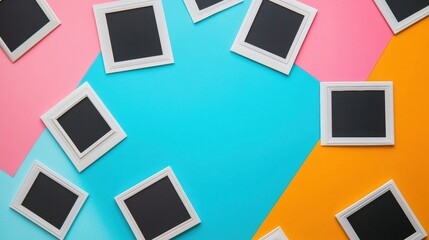 Fototapete - Colorful flat surface with white polaroid frames arranged for creative display and personal memories