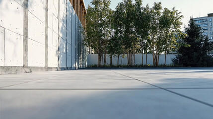 Poster - modern construction site featuring smooth, tiled floor with backdrop of greenery and trees. clean lines and natural elements create serene atmosphere, perfect for outdoor spaces