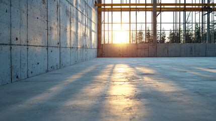 Poster - construction site interior with concrete walls and polished floor, illuminated by warm glow of setting sun. scene evokes sense of progress and potential