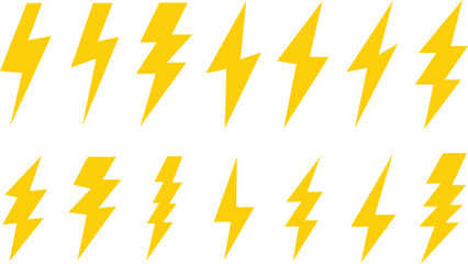 Poster - set of simple yellow lightning bolt, electric thunderbolt, lightning strike, dangerous symbol element vector illustration.