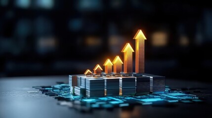 Poster - A digital representation of increasing financial growth, depicted with glowing arrows rising above stacked currency notes.