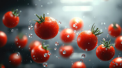 Poster - Fresh red tomatoes glistening with water droplets, suspended mid air, create vibrant and dynamic scene. background is softly blurred, enhancing focus tomatoes, evoking sense of freshness