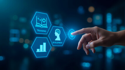 Poster - Hand Touching Digital Dashboard Depicting Training and Development Opportunities in a Modern Business Environment