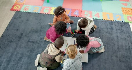 Poster - Above, school and children drawing for art, learning and development in kindergarten classroom. Kids, poster and group together for collaboration, education and students play on carpet at academy
