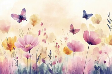 Poster - Colorful watercolor floral field with delicate butterflies fluttering in soft tones and an airy atmosphere during a serene spring afternoon