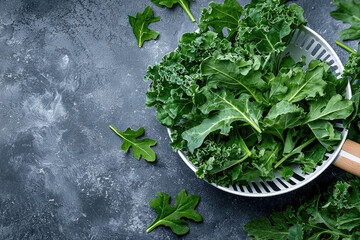 Poster - Fresh green kale leaves nder, showcasing their vibrant color and texture, perfect for healthy meals and salads. arrangement highlights freshness and nutritional value of this leafy vegetable