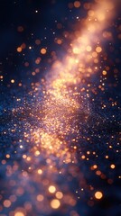 Wall Mural - bokeh lights scatter warmly in dark blue. a bright, glittering glow is visible in the distance