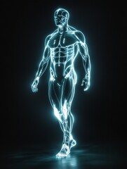 Poster - Translucent human silhouette with glowing muscle system in a futuristic anatomical visualization