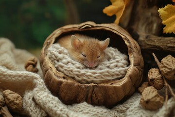 Poster - Cute mouse rests peacefully in walnut shell bed surrounded by cozy blanket in a whimsical fairy tale setting