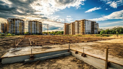 Poster - Construction site of residential buildings with scaffolding and foundation in place