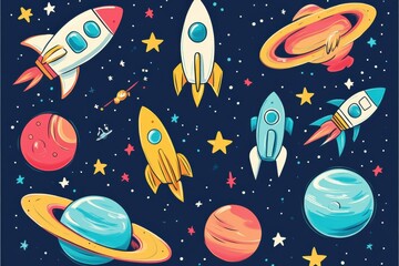 Poster - Colorful space-themed sticker pack featuring rockets, planets, UFOs, and constellations on a deep blue galaxy background