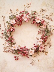 Aufkleber - Wreath of tiny flowers and berries on soft textured background showcasing Lapki illustration style with delicate details and vibrant colors