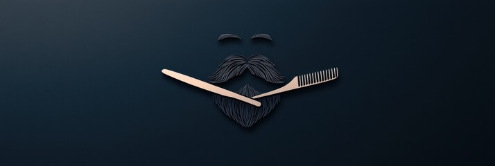 Poster - Minimalist beard logo featuring crossed scissors and a comb on a flat dark background, designed for barber businesses and grooming brands