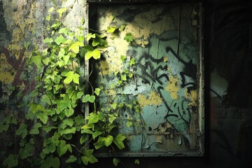Wall Mural - Green ivy climbs a weathered wall, adorned with faded paint and graffiti, showcasing urban decay and nature's resilience.